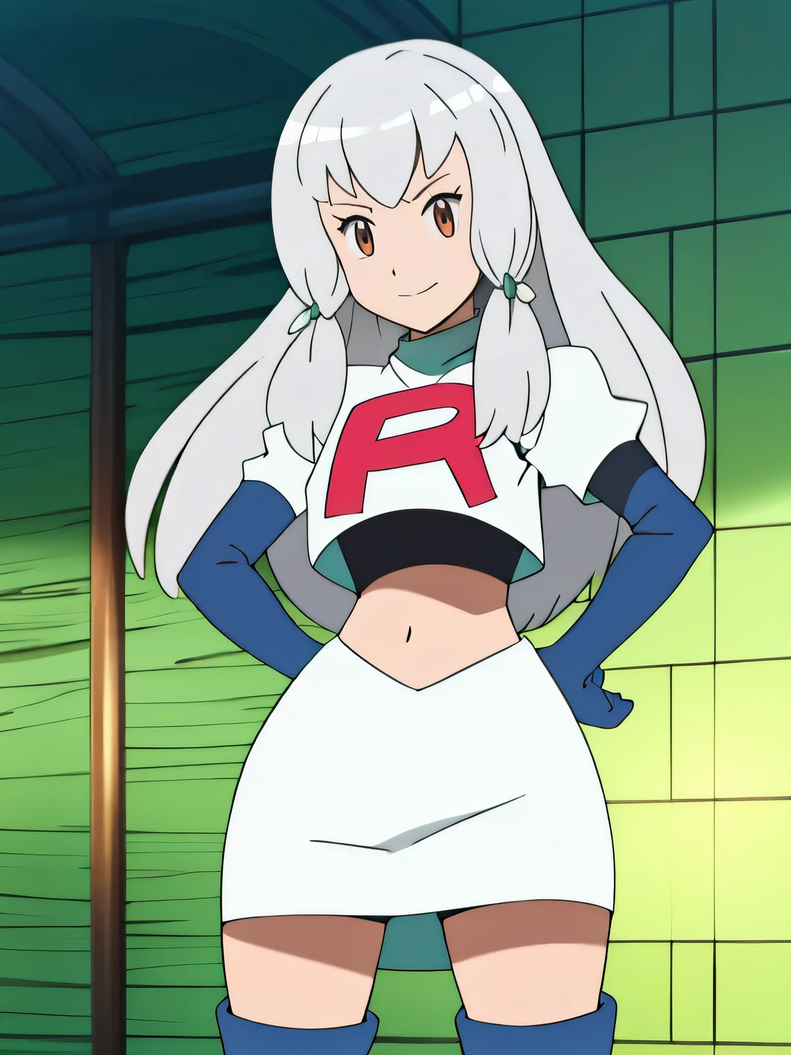 8k, masterpiece,highres, team rocket uniform, red letter r, white skirt,white crop top,black thigh-high boots, black elbow gloves, smiling, looking down at viewer, hands on hips, cowboy shot, zettai ryouiki,from below, black panties,anime style, vivid colors, sharp focus, intense lighting,micaiah fe, silver hair, yellow eyes ,earrings, glossy lips