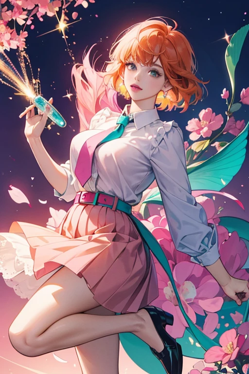 She’s a green with blue fins. She has orange hair styled into a bubble cut. She wears a pink blouse with magenta ties and a belt around her blouse, a dark pink skirt with light pink flowers, pink lipstick and brown shoes. SPARKLE; GLITTER
