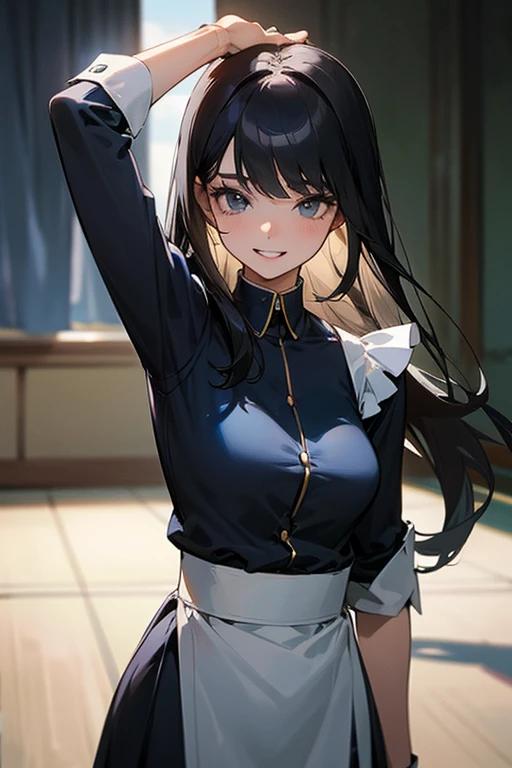(Highest Resolution, clear_image) highest quality, Single person, One Woman, alone, masterpiece, Very detailed, Semi-realistic, Black Hairのショートヘア, Black Hair, bangs, 18-year-old, mature, light blue uniform, uniform, Indoor Background, kind, Authoritative, powerful, exquisite features, exquisite features、Eyelashes become longer、Showing teeth、smile😀、Maid clothes、Touching hair、Cheerleader、support、