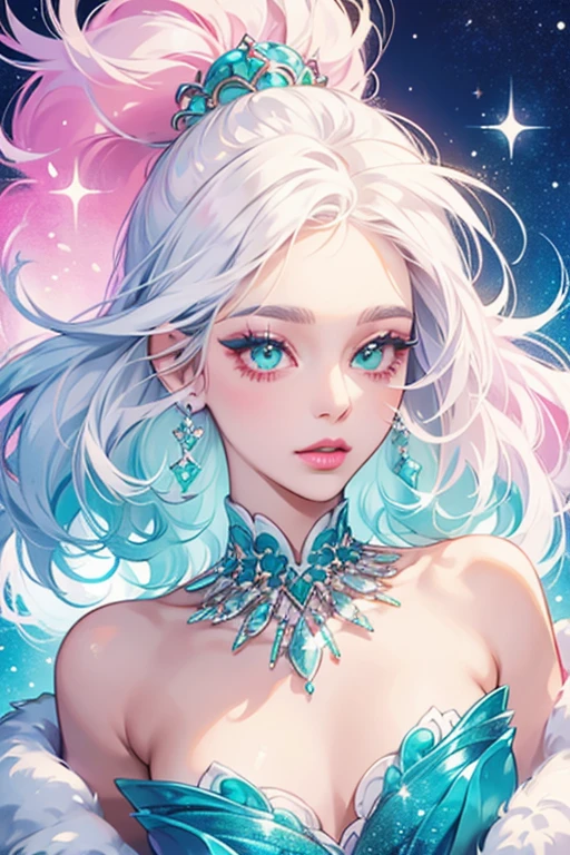 has puffy white hair, turquoise skin, pink lipstick, and long eyelashes. SPARKLE; GLITTER