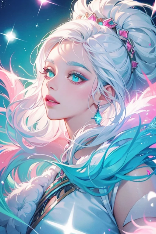 has puffy white hair, turquoise skin, pink lipstick, and long eyelashes.  SPARKLE; GLITTER