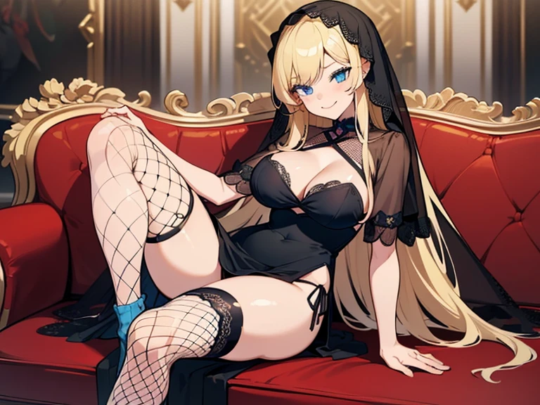 1 Anime Girl, (((Black Dress))), (((Sitting on a red couch))), (((blond hair))) (Long Hair), (((blue eyes)))), ((sexy pose)))), (((mischievous smile)))) , (((folded leg exposing the thighs))))), ((showing the panties)))), ((wearing socks fishnet thigh highs))), ((large breasts)), (veil))))