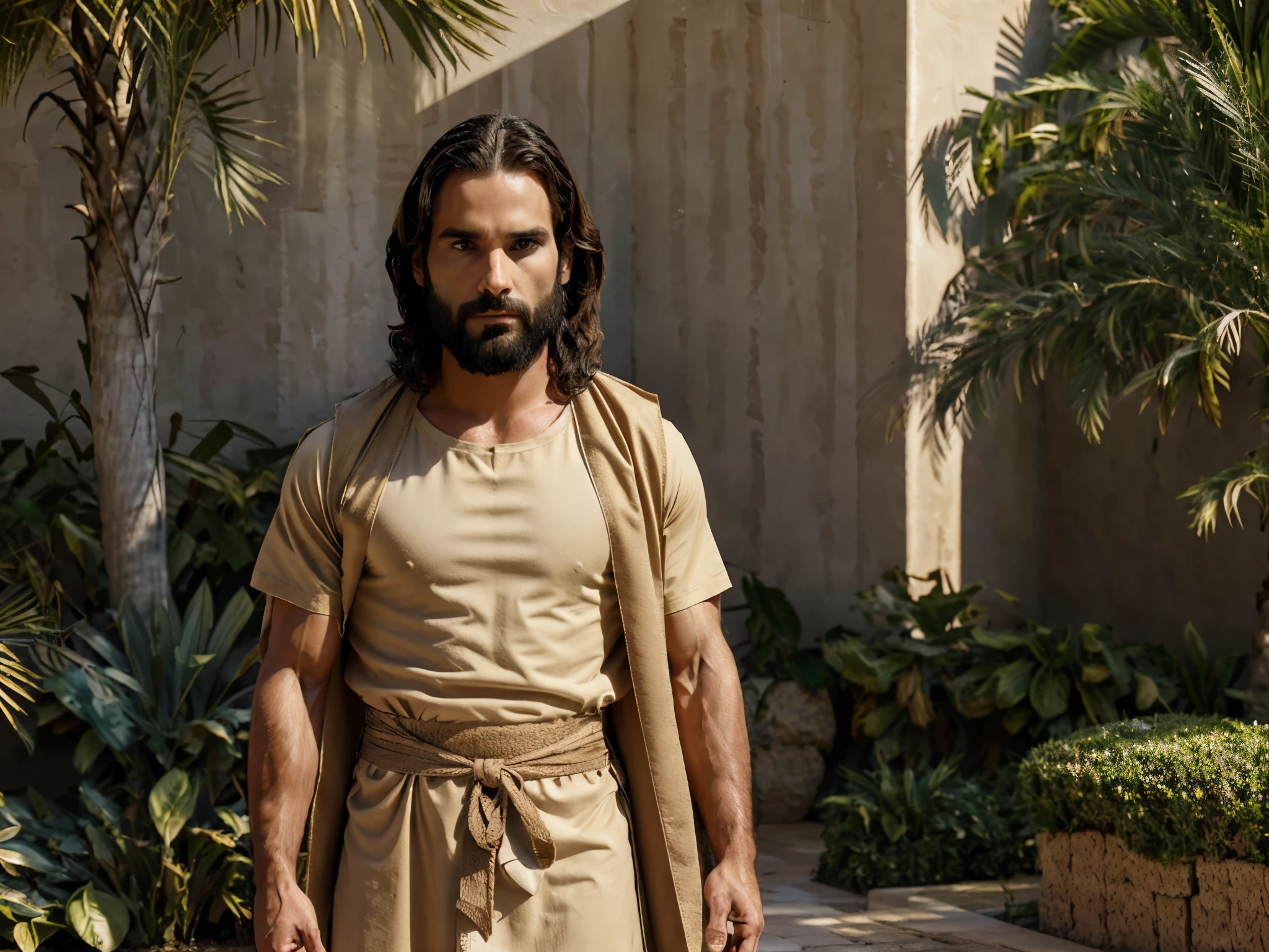 Seth Rollins as Jesus Christ, focus on face details, similar to seth rollins, wearing long beige Hebrew tunic, Jesus style from Bible, realistic image, Israel garden image background, best quality, 8k, focus on details.
