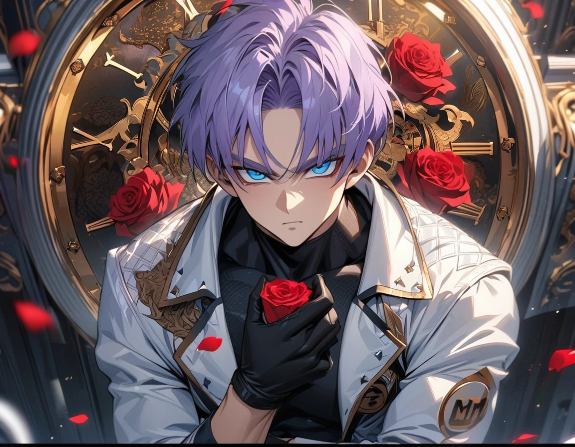 absurdres, highres, ultra detailed, HDR, masterpiece, extremely detailed face and eyes, perfect face, Trunks, light-purple hair, expressive blue eyes, Dragon Ball Z, solo, sexy man, handsome, white coat, tight black shirt, patterns, red roses, black gloves, petals, in woderland, clock