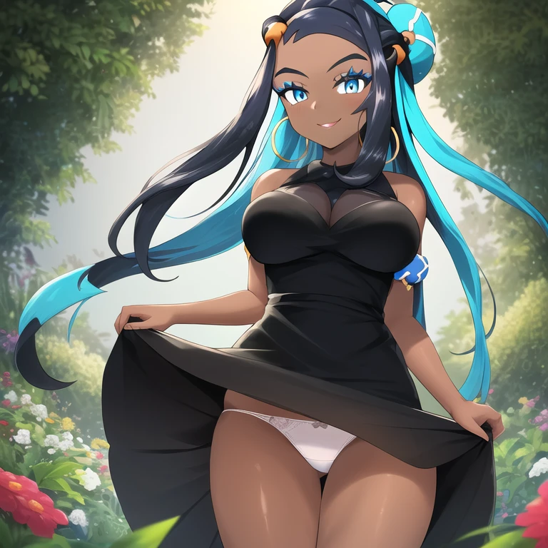 masterpiece, best quality, highly detailed, 1girl, solo, (nessa_pokemon:1.3),
dark-skinned female, dark skin, blue eyes, aqua eyes, long hair, black hair, blue hair, aqua hair, multicolored hair, two-tone hair, hair bun, single hair bun, eyeshadow, seductive smile,
dress, shiny dress, tight dress, black dress, standing, edge lit, garden, lifting skirt, panties, big breasts,