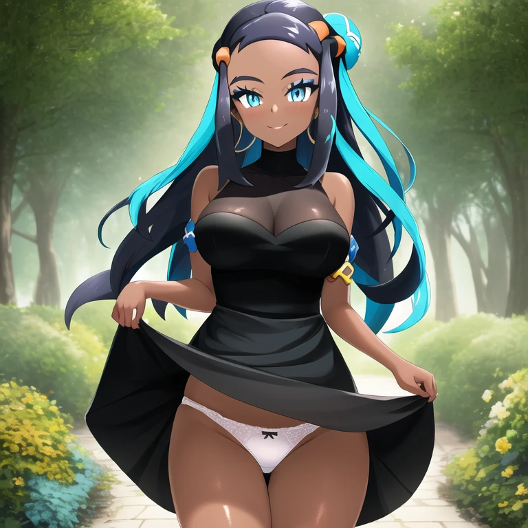 masterpiece, best quality, highly detailed, 1girl, solo, (nessa_pokemon:1.3),
dark-skinned female, dark skin, blue eyes, aqua eyes, long hair, black hair, blue hair, aqua hair, multicolored hair, two-tone hair, hair bun, single hair bun, eyeshadow, seductive smile,
dress, shiny dress, tight dress, black dress, standing, edge lit, garden, lifting skirt, panties, big breasts,