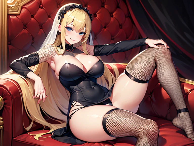 1 Anime Girl, (((Black Dress))), (((Sitting on a red couch))), (((blond hair))) (Long Hair), (((blue eyes)))), ((sexy pose)))), (((mischievous smile)))) , (((folded leg exposing the thighs))))), ((showing the panties)))), ((wearing socks fishnet thigh highs))), ((large breasts)), (veil))))