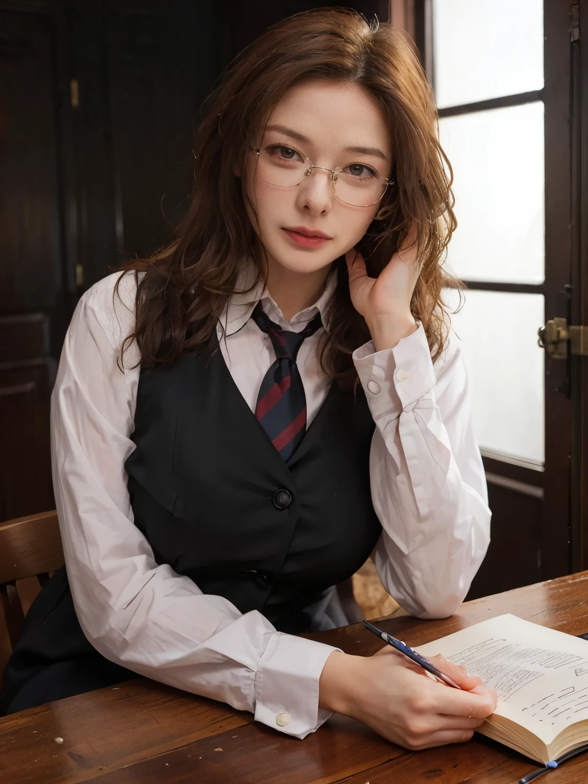 university professor, necktie, suit, Eyeglasses, lean over, birch, Thai Korean girl, Broken button fastener, sitting on the table