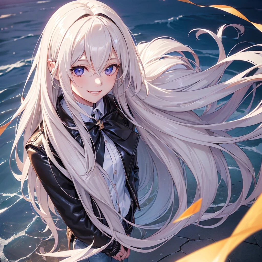 (face_focus:1.3),(From above:1.4),(((extremely long hair))),(hair blowing in the wind:1.3),(strong_wind:1.3),(reflective atmosphere:1.3),((platinum blonde hair)),(((lake))),(((Unreal Engine))),(((Kaleidoscope))),((radiate)),(prism reflection),(((diffraction of light))),(((tyndall effect))),((silhouette_lighting)),(leather jacket:1.3),(White Shirt:1.3),(jeans:1.3),(((pale red lip))),(((fuller lips))),((Detailed Hair)),((((fine_hair)))),((((silky_hair)))),(beeline:1.3),(sense of depth:1.3),((highest quality)),((32K)),((HDR)),((Ultra-high resolution)),((RAW)),((Realism)),((masterpiece)),(Intricate details),(Delicate and beautiful details),Detailed eyes,Detailed facial features, eyes,glossy lips,((((madeon)))),((perfect anatomy)),gleaming skin,(best illuminate),(cinematic shadows),(((open jacket))),(cute:1.3),(UwU:1.3),(smile:1.5),