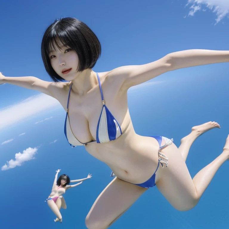 A beautiful Japanese woman in her late 20s with a bob cut is skydiving in the sky４０００Meters、She is sensual、Micro Bikini、Very sexy swimsuit、She spreads her arms and legs、Similar to You&#39;It is very fun.！