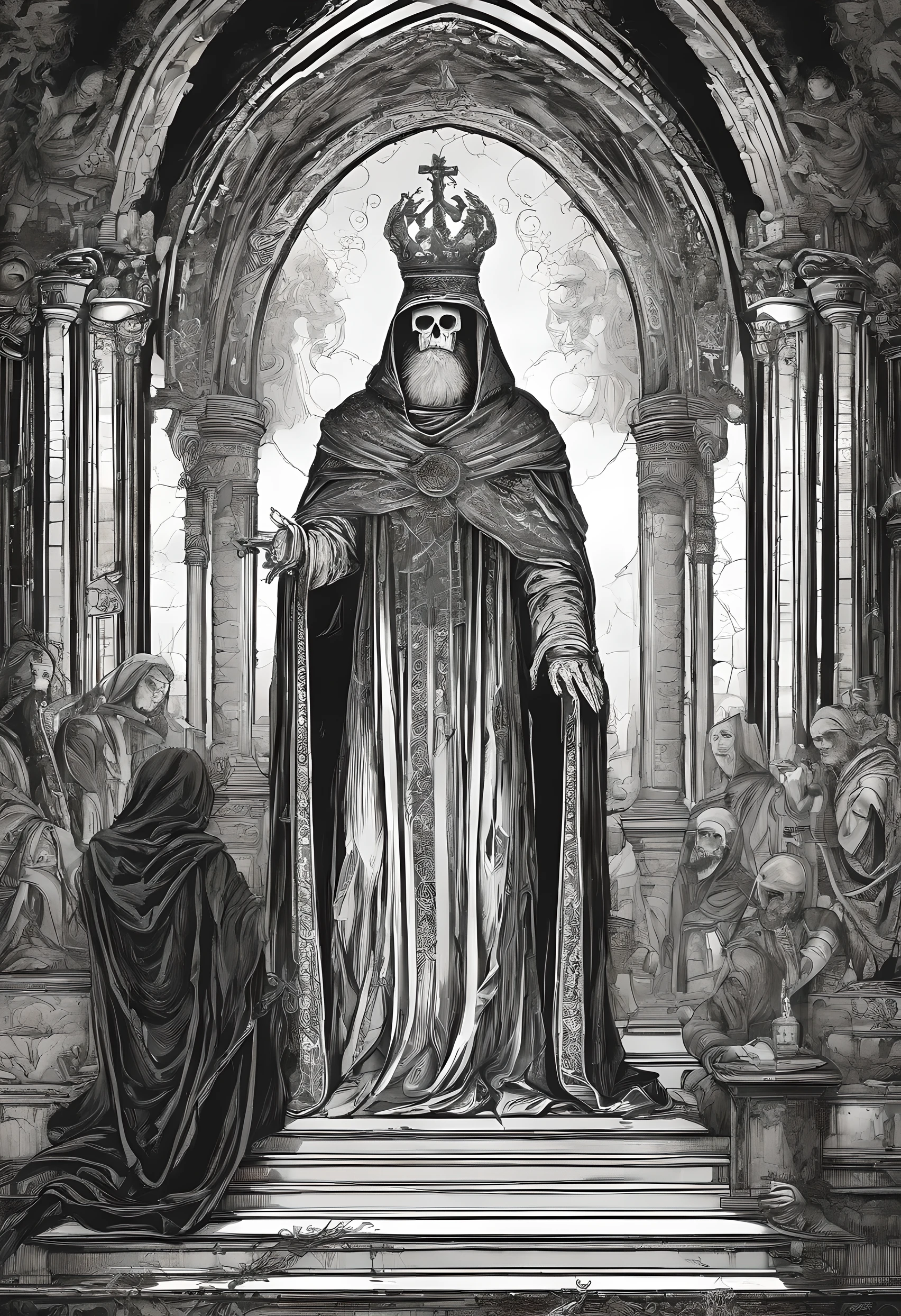 Hand painted historical art of a god who was a skeleton he is in a Cathedral being worshiped this is in medieval times he’s wearing a robe and his hand is up signaling to his followers The art style is black and white And it looks like something taken from the Renaissance 