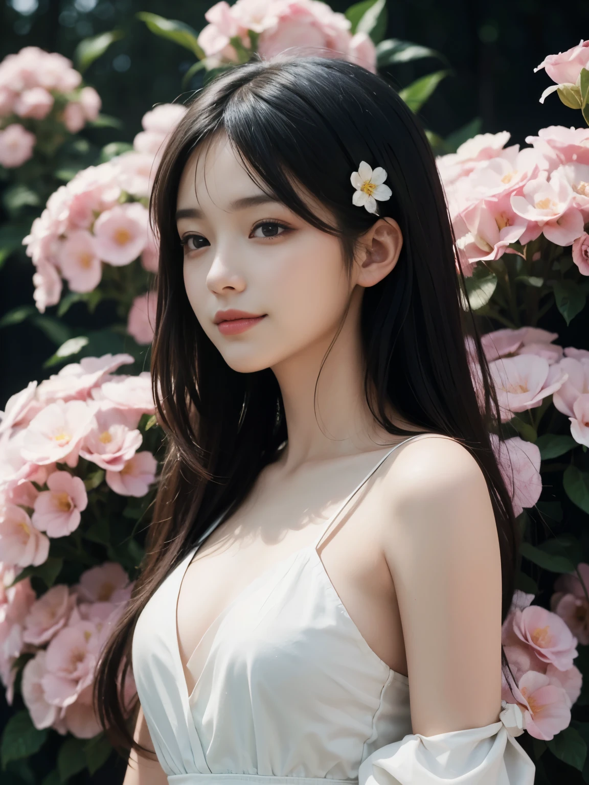(ultra realistic) , (illustration), (increase resolution), (8K), (extremely detailed), (best illustration), (beautiful detailed eyes), (best quality), (ultra-detailed), (masterpiece), (wallpaper), (detailed face), solo,1 girl, looking at viewers, black straight hair, delicate details, in the dark, deep shadow, low key, pureerosfaceace_v1, happy smile, summer dress, full body, flower garden