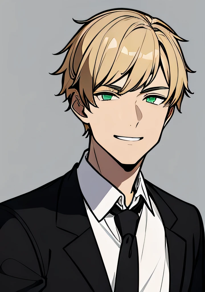 One young Adult male, brownish tanned skin, handsome, dirty blonde short hair, green eyes, confident yet kind expression, smug smile, wearing white collared shirt and black jacket, portrait style, facing forwards, plain grey background