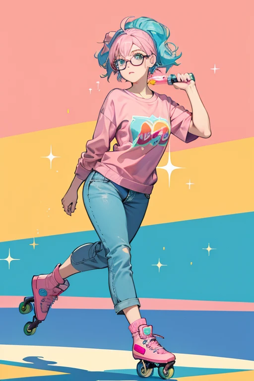She is light blue with pink hair. She wears glasses, an orange shirt, and roller skates. She also has roller skates on her walker. SPARKLE; GLITTER