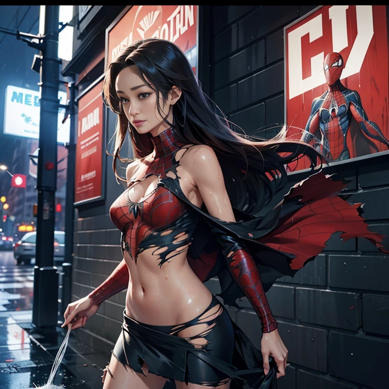 Maggie Q、マーベル・コミック映画のPoster, Very beautiful, Movies about Spiderman, sexy, whole body, I'm wearing a skirt、Premiere date, Poster、belly buttonを突き出す、new york、She&#39;s wearing a torn Spider-Man suit,The suit is torn、Wearing a skirt、 Red and black color scheme,dynamic、masterpiece、highest quality、Ultra-detailed、Very detailed、A delicate and beautiful shine、超A high resolution、Cinematic,Break,Breakdrop,(Torn clothes:1.5), (Wet clothes:1.4), Bare shoulders,Real Rain,Wet Hair,belly button、Exposing Skin、sexyな肩を見せてる