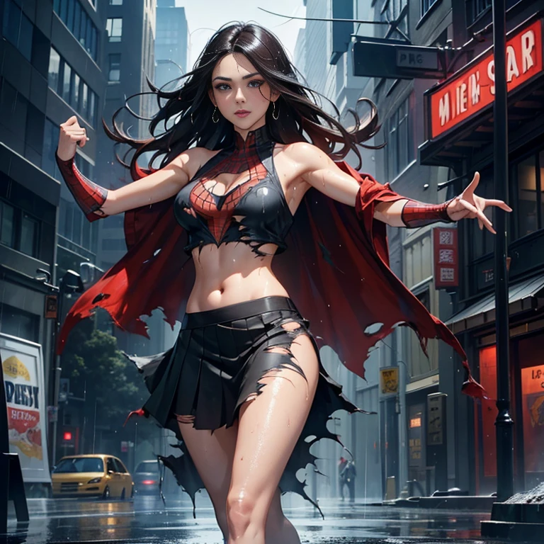 Eliza Dushku、マーベル・コミック映画のPoster, Very beautiful, Movies about Spiderman, ????, whole body, I'm wearing a skirt、Premiere date, Poster、belly buttonを突き出す、new york、She's wearing a torn Spider-Man suit,The suit is torn、Wearing a skirt、 Red and black color scheme,dynamic、masterpiece、highest quality、Ultra-detailed、Very detailed、A delicate and beautiful shine、超A high resolution、Cinematic,Break,Breakdrop,(Torn clothes:1.5), (Wet clothes:1.4), ???? shoulders,Real Rain,Wet Hair,belly button、Exposing Skin、????な肩を見せてる