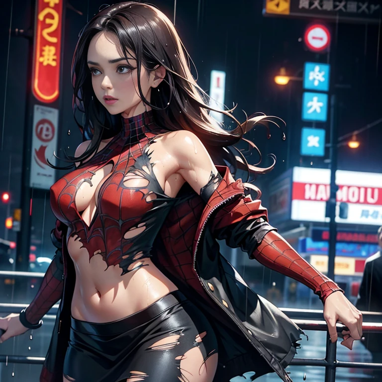 Eliza Dushku、マーベル・コミック映画のPoster, Very beautiful, Movies about Spiderman, sexy, whole body, I'm wearing a skirt、Premiere date, Poster、belly buttonを突き出す、new york、She's wearing a torn Spider-Man suit,The suit is torn、Wearing a skirt、 Red and black color scheme,dynamic、masterpiece、highest quality、Ultra-detailed、Very detailed、A delicate and beautiful shine、超A high resolution、Cinematic,Break,Breakdrop,(Torn clothes:1.5), (Wet clothes:1.4), Bare shoulders,Real Rain,Wet Hair,belly button、Exposing Skin、sexyな肩を見せてる
