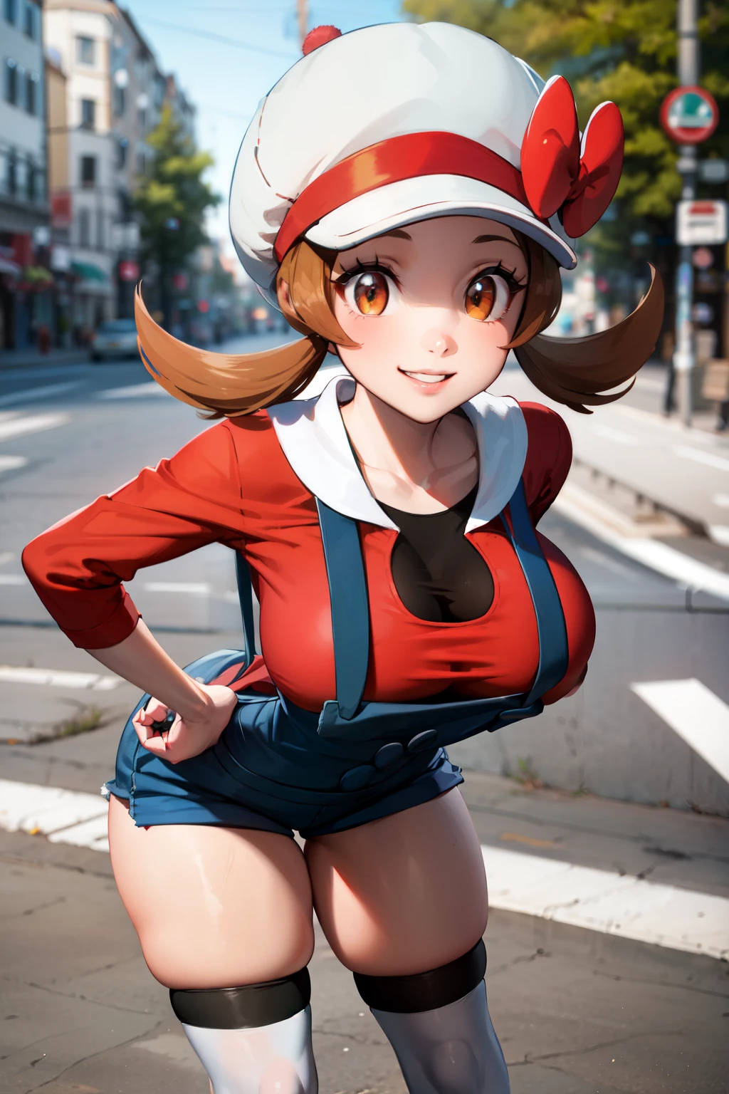 masterpiece, best quality, highres, ly01, overalls, white thighhighs, red bow, red shirt, white headwear, hat bow, eyelashes, hand on hip, leaning forward, smile, street, thighs, huge breasts, mature female, thick thighs