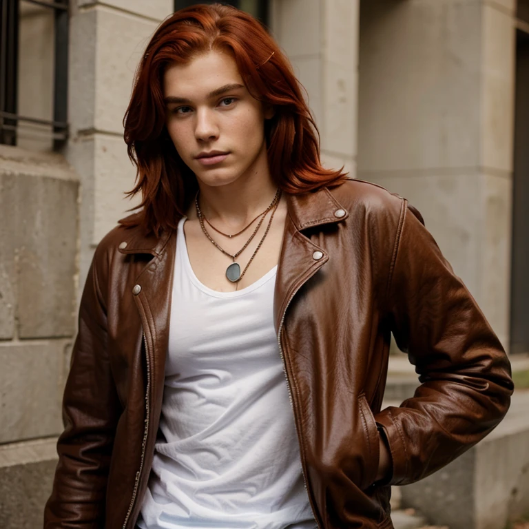 stylist man, red medium length hair, wearing fashion suit, green eyes