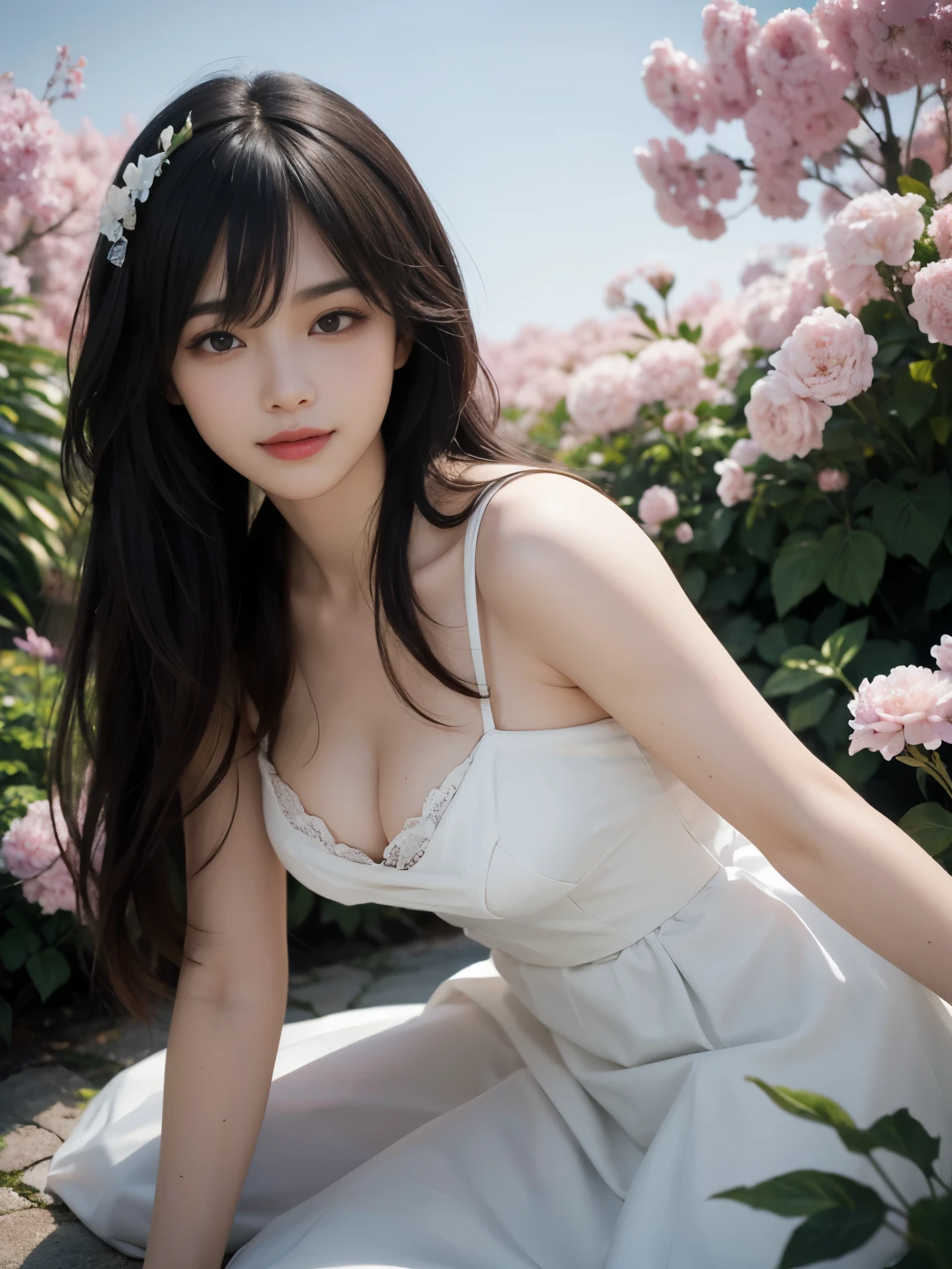(best-quality, 8K, tmasterpiece:1.2), (a photo that captures a moment where the beauty, joy, happiness of a beautiful woman, which gives an empowering impression to the viewer), (solo), (this 24 years old woman is dancing in the flower garden), (saika1), (wide shot, full body shot), (effective front light), (Absurdly Ultra-High Resolution), A hyper-realistic, High Definition, Golden ratio), Super Detailed Face, detailed lips, Detailed eyes, double eyelids, Beautiful face, (Realistic face), (Black hair, medium hair, floating hair:1.3), realistic eyes, beautiful detailed eyes, (Realistic skin), Beautiful skin, huge breast, visible cleavage, off-shoulder, sexy collarbone, bare foot, (pure white short dress), (skirt fluttering in the gentle wind), (professional lighting, photon mapping), (various kinds of flowers are in full bloom at a flower garden in the very countryside of Japan in a spring season), (all the ground is covered with beautiful and colorful flowers in full bloom:1.3), (a poetic beauty), (sea of colorful flowers spreading all over the place), (cozy breeze, mild sunshine), no building is seen, (flower petals are dancing gently in the air)