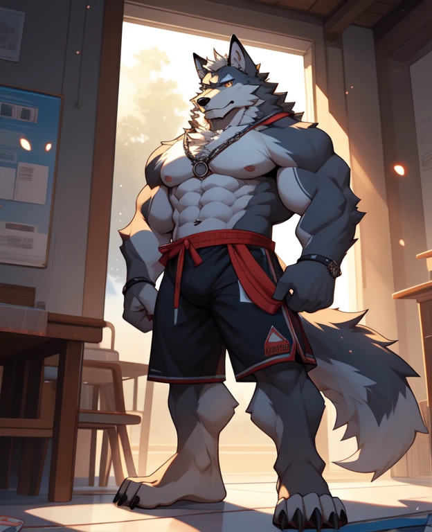Ultra-clear,16k,full body portrait,Full body close-up,Facial clarity,Bright Eyes,delicate eyes,Worm's eye view,solo focus,Main body gray,Canidae,Big dog,Wolf,male,juvenile,student,high school student,sports student,young,Tough Guy,Silver-gray hair,golden eyes,Eyes as bright as the sun,tall and strong,Muscles all over the body,Large pectoral muscles,8 pack abs,Powerful biceps,thick tail,thick arms,generous palm,Wide and thick wolf claws, wide and thick animal feet, wide and thick wolf feet, sharp animal claws, sharp wolf claws,Perfect body proportions,Handsome,cute,Cool,youth,Aloof,Looks sunny,Strong build,Young face,Powerful and domineering,Be honest and honest,Humble,sexy,Aggression,hormones,Middle two diseases,Eighth-grader syndrome,half naked,no clothes,No shirt,shirtless,briefs,barefoot,no shoes,cold,indifferent,Poker face,stand,upright,hands in pockets,looking at the audience,erectile,tempting,The only person,White body,White ears,white hair,Overall white,Orange eyes,Wolf Tail,Wolf Orc,young,Ultra-clear screen,Soft lines, Perfect lighting, Light Particles,(best quality),(masterpiece),(Super detailed),Clear focus,Light Particles, Detailed background