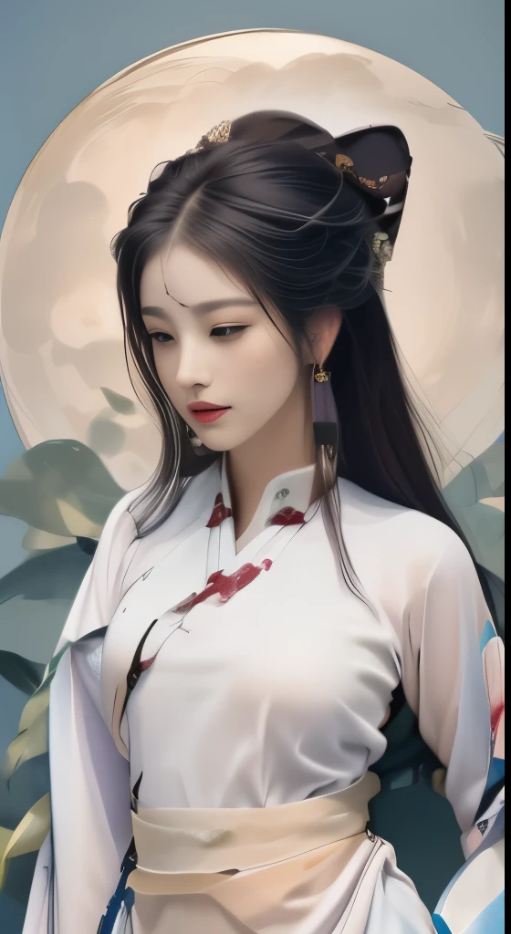 A 20-year-old female, A Chinese fairy, Gloomy face, Beautiful Chinese fairy tale face, Pretty Face without flaws, slim body, White skin, Thin and beautiful lips, Gentle smile, Shut up again, (The scene of moonlight is magical:1.8), The full moon shines, moonlight, moon, (Ancient Chinese style mansion:1.2), Chinese bun, Jet-black and shiny hair, Flying hair, Long hair, Blue eyes with sad gaze, Shining eyes, Big round eyes,Beautiful makeup , Holy woman's body, Breast round, Big and round breasts, a Pretty Face in detail and well-proportioned eyes, Delicate makeup, Drooping arms, realistic and vivid image, stars that make up the sky, Sexy body, The most beautiful eyes, Drawing the perfect eyes, Beautiful sage and flowers, jewelry, Pretty Face, Upper Body, Hanfu, high resolution, best quality, Best photos, 8K picture quality, 8K Ultra HD, Surreal, Best real life photos, HDR, High Skin Detail, Bokeh, Smooth and sharp, 10 times more pixels, Fictional Art, 8k CGI, Practical, Medium shot, (Upper Body), (white Hanfu:1.8), press map, Five fingers,