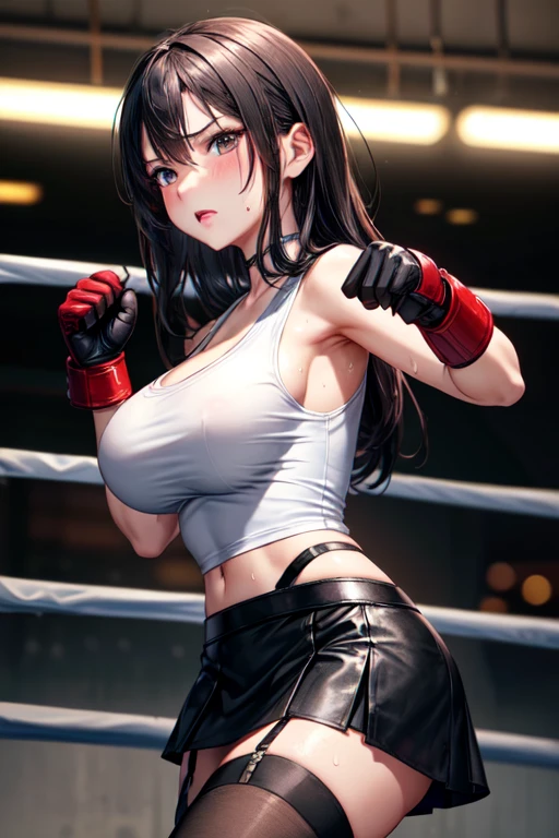 beautiful girl　Best Style　Fight the enemy　anger　Sweat　Black Leather Gloves　　Combat Uniform　Big Breasts　Light clothing　Martial Arts　black leather skirt　White Tank Top　black garter belt　Dirty face and clothes