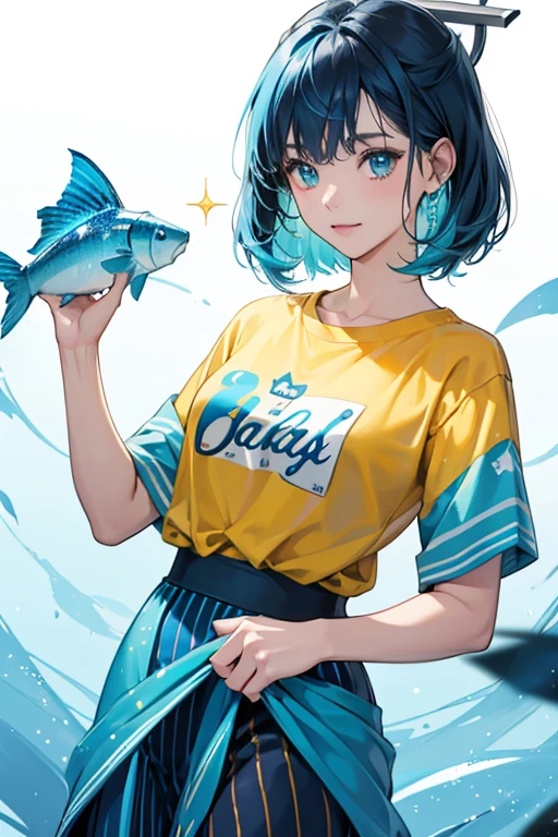 She is a cyan with dark blue stripes, a blue fin, and wears a yellow shirt. SPARKLE; GLITTER
