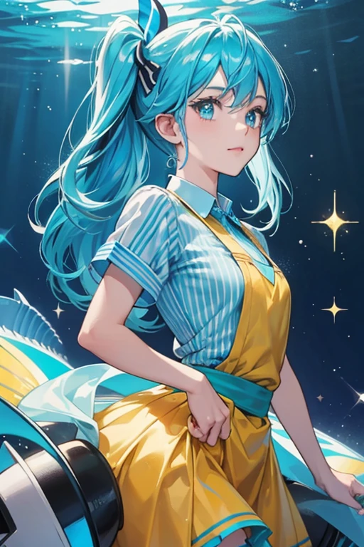 She is a cyan with dark blue stripes, a blue fin, and wears a yellow shirt. SPARKLE; GLITTER