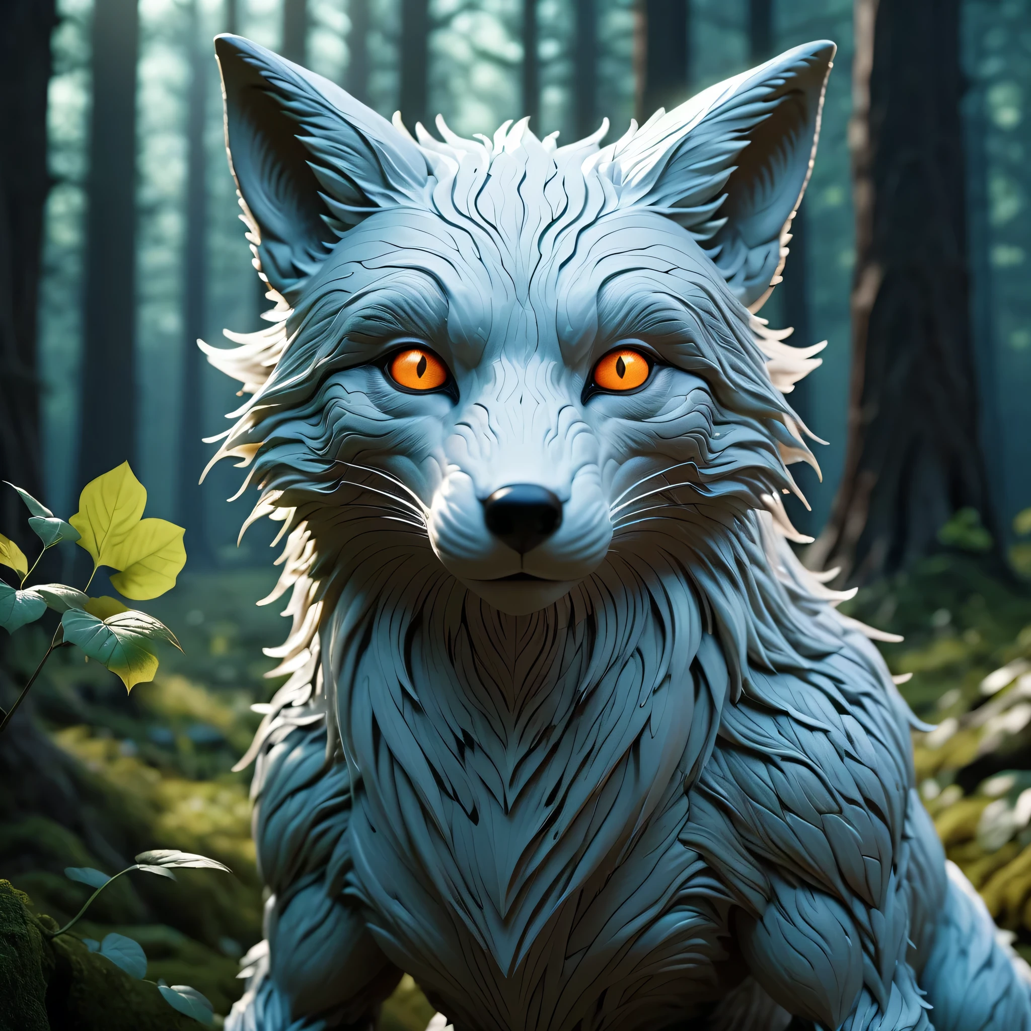 photo of a creature, monster, magic-fantasy-forest, digital art, most amazing artwork in the world, ((no humans)),volumetric light, soft balanced colours, forest scenery, vines, uhd, 8k octane render, magical, amazing, ethereal, intricate, intricate design, ultra sharp, shadows, cooler colors, trending on cgsociety, glowing eyes, ((best quality)), ((masterpiece)), (detailed), fox with white hair