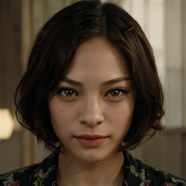 Kristin Kreuk, Top Quality, Masterpiece, High Definition, 1girl, Beautiful and Perfect Face, Bob Cut, Japanese Clothing,Kimono, Intricate Details, Cinematic Feel, 8K, Very Detailed  