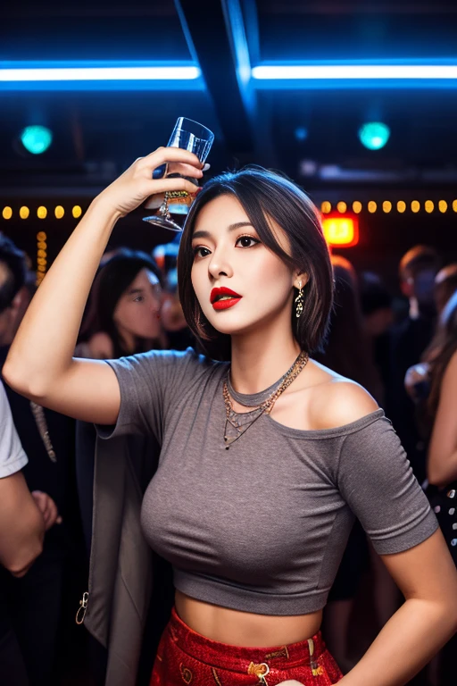 Ultra high quality,8K,Giant Breast Girl,Sexy and feminine, high and cold,Dark beauty,Enchanting,The head proportions are perfect,Gray hair,Wear a sweatshirt monogram print, Short red high-waisted skirt,Flaming red lips,Swan neck,chokers,inside a crowded party at night club
