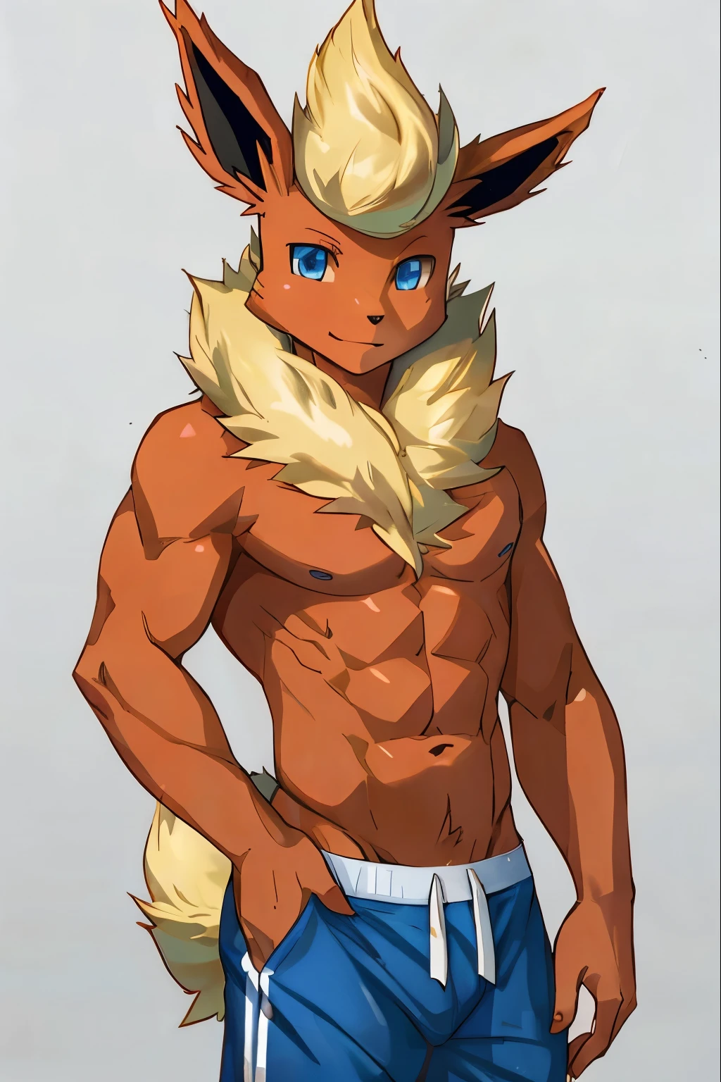 ((Flareon)), anthropomorphic, Solo, male, pokemorph, (((1boy))), (((shirtless ))), (blue sweatpants), cute and sexy, slender, red skin, athletic body, blue eye,