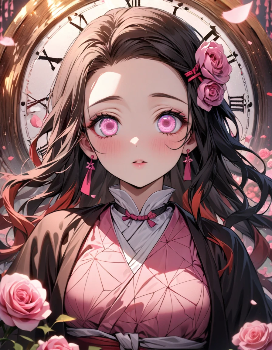 absurdres, highres, ultra detailed, HDR, masterpiece, extremely detailed face and eyes, perfect face, beautiful eyes, delicate features, Kamado Nezuko, expressive pink eyes, Kimetsu No Yaiba, solo, woman, extremely beautiful, pretty, pink roses, blossoms, petals, in woderland, clock
