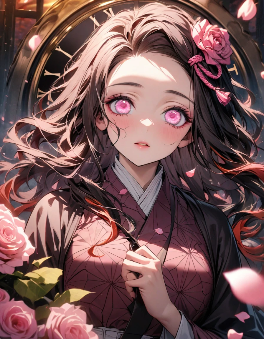 absurdres, highres, ultra detailed, HDR, masterpiece, extremely detailed face and eyes, perfect face, beautiful eyes, delicate features, Kamado Nezuko, expressive pink eyes, Kimetsu No Yaiba, solo, woman, extremely beautiful, pretty, pink roses, blossoms, petals, in woderland, clock