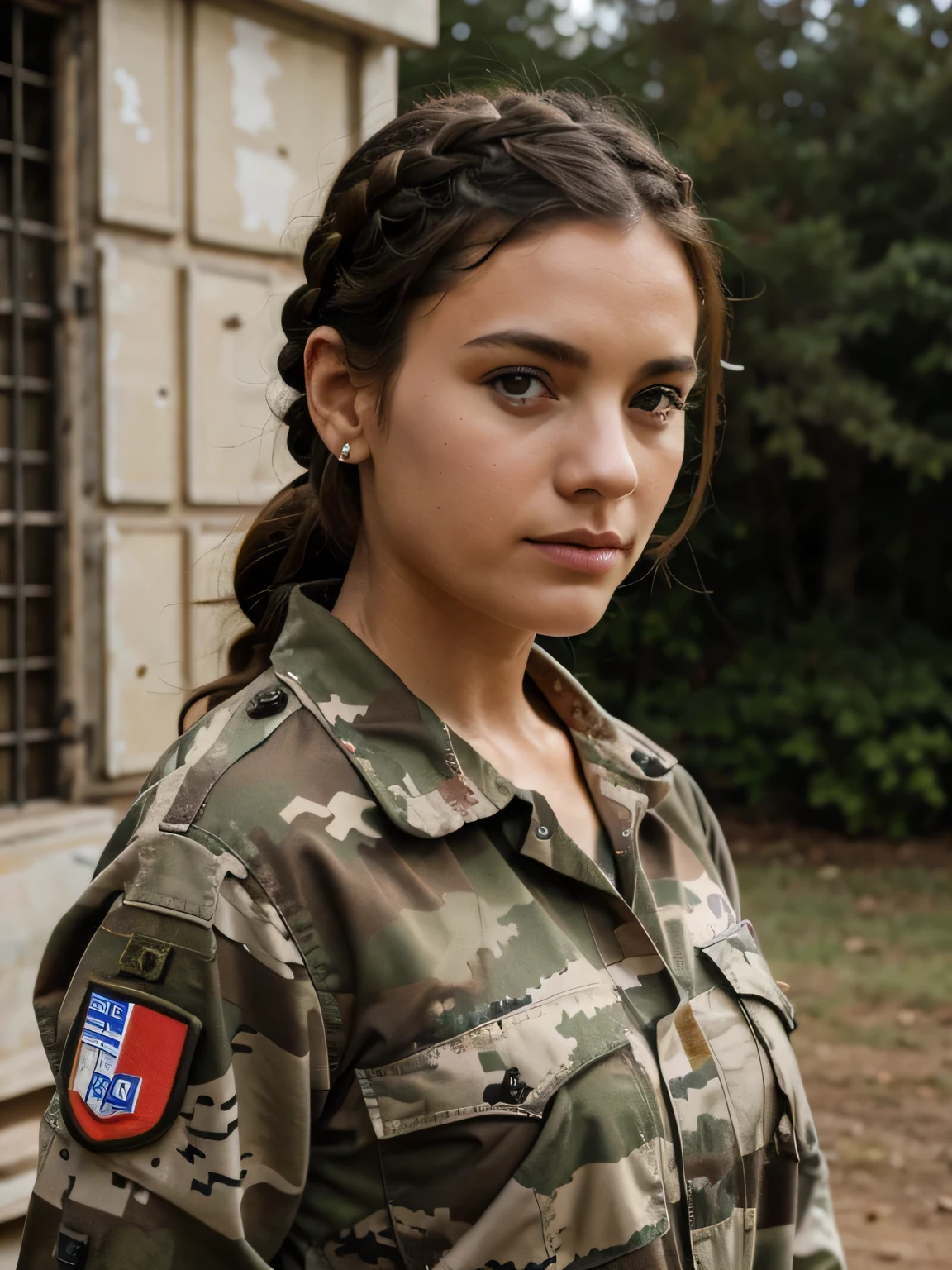 French, crown braid, middle-aged woman, camo military fatigues, outdoor, barracks, serious