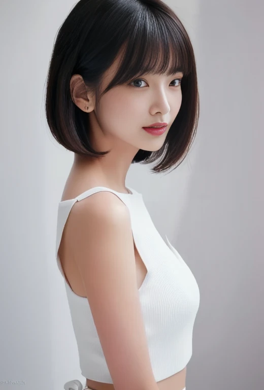 ((Top Quality, 8k, Masterpiece: 1.4)), japanese woman, ((blush, very short bob cut, skinny:1.2)), ((30 years old:1,2)), ((looking at viewer:1.4)), white tank top,