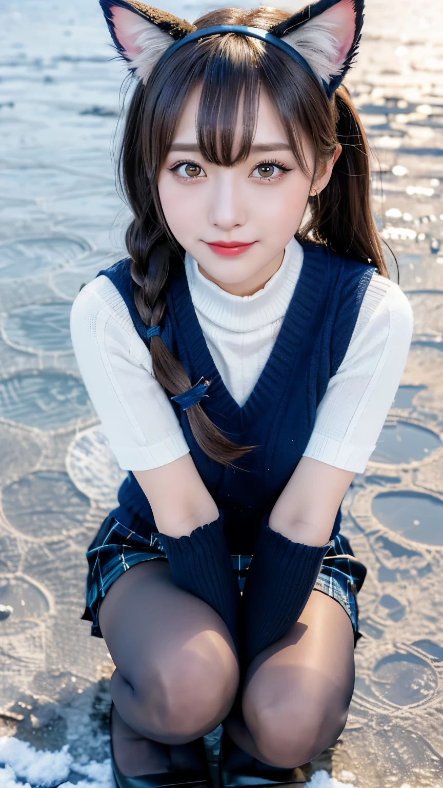 (8k), (highest quality: 1.2), (Realistic), (Realistic: 1.37), Ultra-high resolution, 1 girl, cute, A shy smile, Blushing,Mouth closed, Peach-colored lips,Beautiful details, Beautiful Nose, Beautiful black hair, bangs,Twin tail hair,(Cat ears headband:1.2),Giant Dulcefo, pork, Thighs,University Uniforms,navy blue(Colored knit vest),Cat gloves,(Crouching on a frozen lake in winter:1.4),(Walk with large strides:1.2),A simple blazer,Pleated skirt,(The pattern of the skirt is a tartan check pattern......:1.3),(Close up on shiny pantyhose:1.2),(loafers:1),From below,