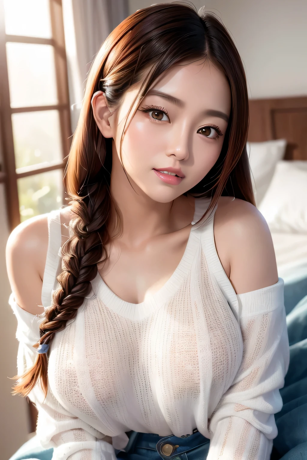 Warm sunshine、Woman lying on bed in bedroom、Emphasize the chest、See-through white tight sweater dress、Off-the-shoulder tight sweater dress、(Reddish brown wet shiny hair)、(Floral braided headband、Half Up、Floral,),(Space braids、Voluminous fishtail braids、Twisted pan、)、(The bangs are see-through)、hairpin、hair ornaments、cheeks turn red、pointed red mouth、Large Breasts、Perfect body curves、Beautiful clavicle、Wet Hair、Wet Face、Wet body、Wet Skin、Wet costume、Detailed clothing features、Detailed hair features、Detailed facial features、looking at the camera、(Dynamic Angle)、(Dynamic and  pose) )、Cinema Light、(masterpiece、highest quality、Ultra-high resolution output images、Write boundary depth、Intricate details、Adding dimension to your subject with the contrast of light and shadow、)、Digital illustration、Single-lens reflex camera、(Photorealistic:1.3)、(8k quality、Anatomically correct facial structure、)、(SeaArt 2.0 Mode:1.3)、(Picture Mode Ultra HD、)
