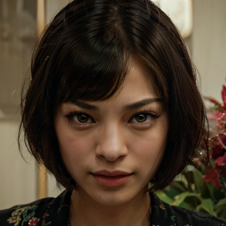 Kristin Kreuk, Top Quality, Masterpiece, High Definition, 1girl, Beautiful and Perfect Face, Sticking out tongue, Bob Cut, Japanese Clothing,Kimono, Intricate Details, Cinematic Feel, 8K, Very Detailed