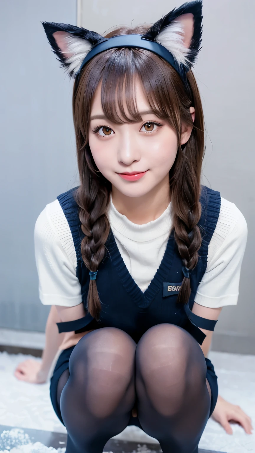 (8k), (highest quality: 1.2), (Realistic), (Realistic: 1.37), Ultra-high resolution, 1 girl, cute, A shy smile, Blushing,Mouth closed, Peach-colored lips,Beautiful details, Beautiful Nose, Beautiful black hair, bangs,Twin tail hair,(Cat ears headband:1.2),Giant Dulcefo, pork, Thighs,University Uniforms,navy blue(Colored knit vest),Cat gloves,(Crouching on a frozen lake in winter:1.4),(Walk with large strides:1.2),A simple blazer,Pleated skirt,(The pattern of the skirt is a tartan check pattern......:1.3),(Close up on shiny pantyhose:1.4),(loafers:1),From below,