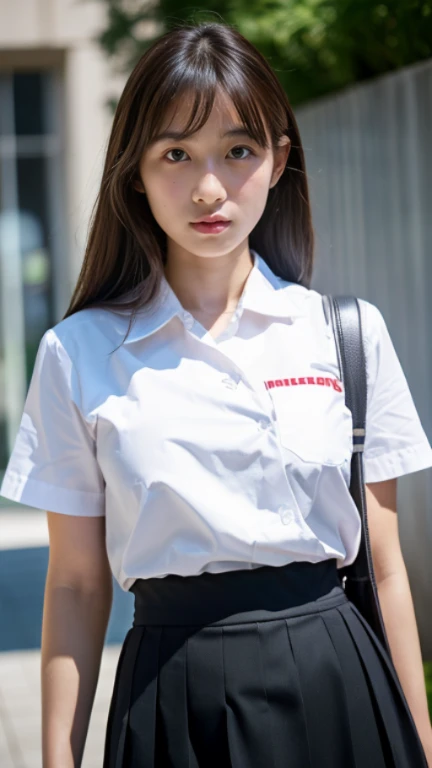 (expensiveest quality, 8k, 32k, masterpiece, Ultra-high resolution:1.2)Japanese women,Cool woman,boyish,White shirt,Black Skirt,,expensive ,Big Breasts,School