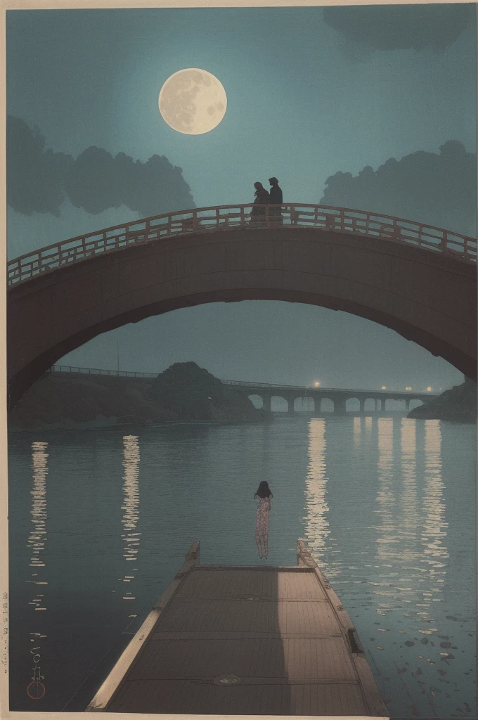 shin hanga style, 1girl,solo,outdoors,sky,cloud,water,night,border,moon,cloudy_sky,scenery,full_moon,silhouette,bridge