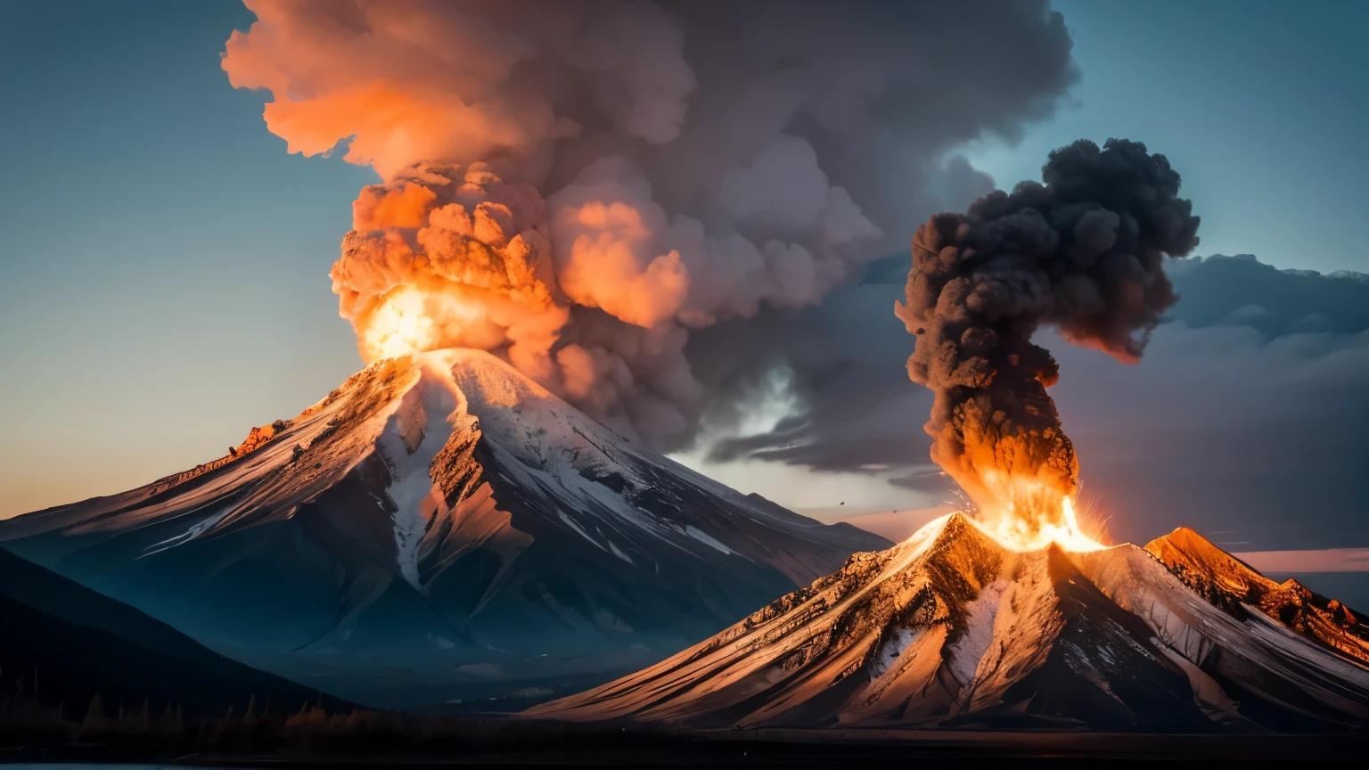 baby fire dragon with an erupting mountain background
