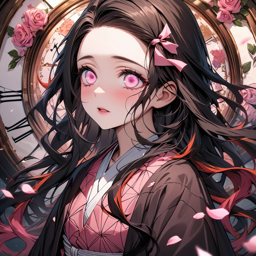 absurdres, highres, ultra detailed, HDR, masterpiece, extremely detailed face and eyes, perfect face, beautiful eyes, delicate features, Kamado Nezuko, expressive pink eyes, Kimetsu No Yaiba, solo, woman, extremely beautiful, pretty, pink roses, blossoms, petals, in woderland, clock