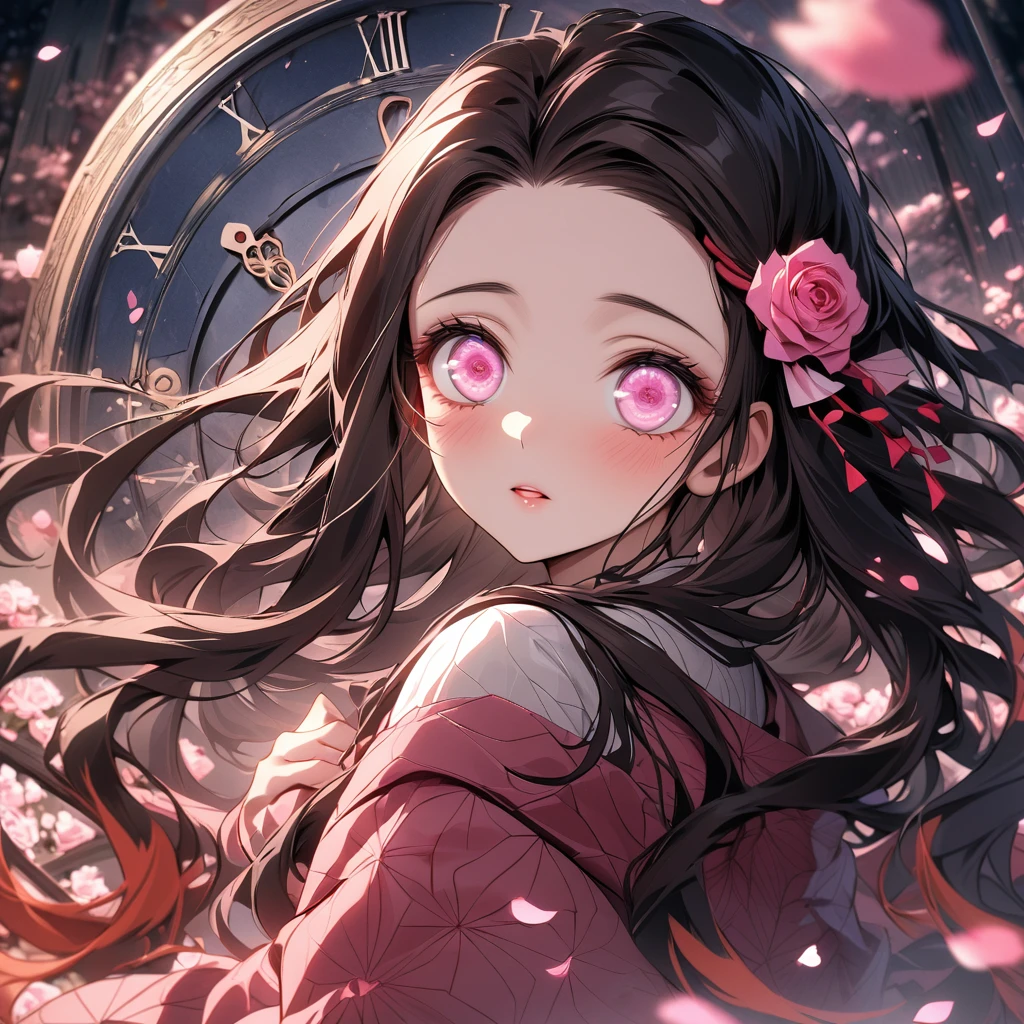 absurdres, highres, ultra detailed, HDR, masterpiece, extremely detailed face and eyes, perfect face, beautiful eyes, delicate features, Kamado Nezuko, expressive pink eyes, Kimetsu No Yaiba, solo, woman, extremely beautiful, pretty, pink roses, blossoms, petals, in woderland, clock