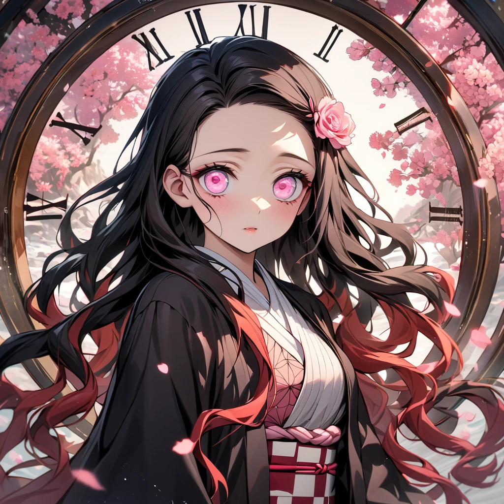 absurdres, highres, ultra detailed, HDR, masterpiece, extremely detailed face and eyes, perfect face, beautiful eyes, delicate features, Kamado Nezuko, expressive pink eyes, Kimetsu No Yaiba, solo, woman, extremely beautiful, pretty, pink roses, blossoms, petals, in woderland, clock