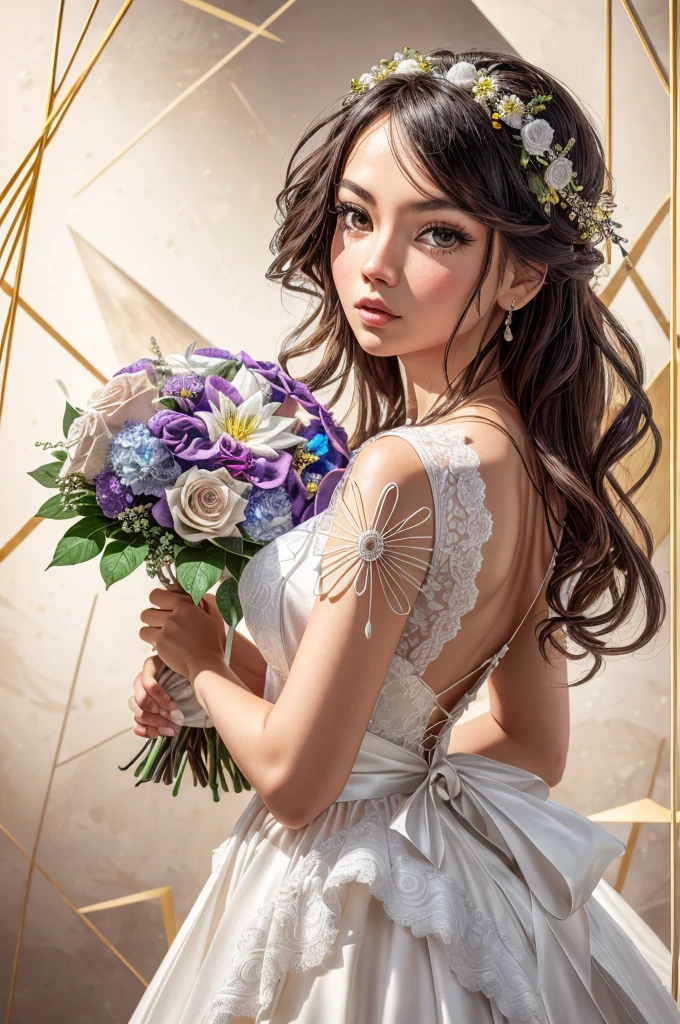 Absurd, High resolution, Super detailed, (ultra-Detailed Background, Detailed Background), Very detailed, One girl, bouquet, (Tangled:1.2), (Geometric:1.2),