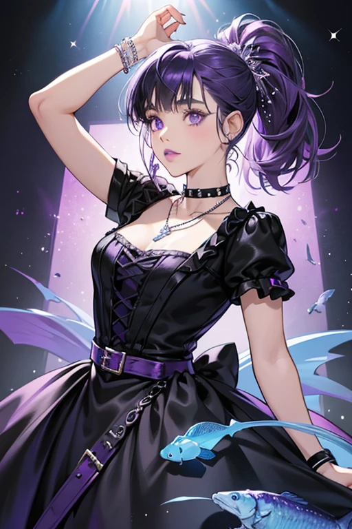 She is a light blue goth who wears a purple and black dress, a black studded leather bracelet, and a fish bone necklace. She has light pink lips and medium length dark brown hair with bangs. Her hair is tied up in a ponytail in the back with a purple hair tie and she appears to be wearing eyeliner. SPARKLE; GLITTER
