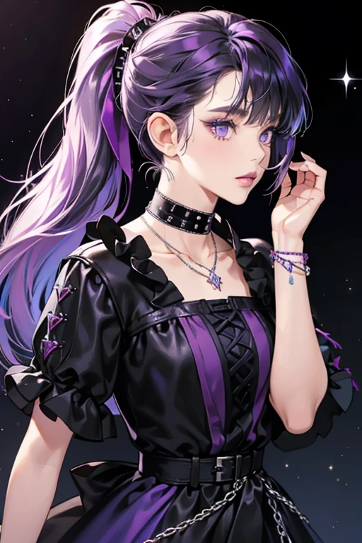 She is a light blue goth who wears a purple and black dress, a black studded leather bracelet, and a fish bone necklace. She has light pink lips and medium length dark brown hair with bangs. Her hair is tied up in a ponytail in the back with a purple hair tie and she appears to be wearing eyeliner. SPARKLE; GLITTER